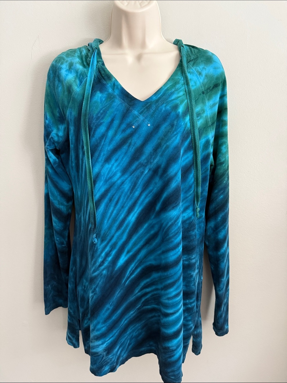 Blue Teal Tie-Dye Hooded V-Neck Yoga Athletic Tunic